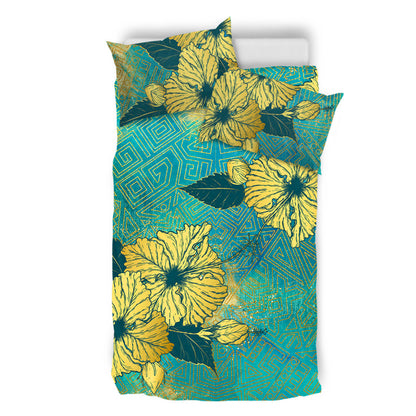 Hawaii Bedding Set Golden Hibiscus Turquoise Color Tribal Pattern