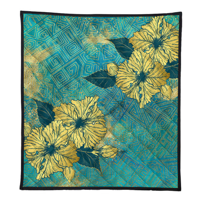 Hawaii Premium Quilt Golden Hibiscus Turquoise Color Tribal Pattern
