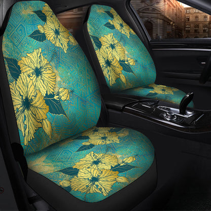 Hawaii Car Seat Covers Golden Hibiscus Turquoise Color Tribal Pattern