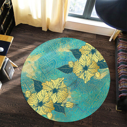 Hawaii Round Rug Golden Hibiscus Turquoise Color Tribal Pattern