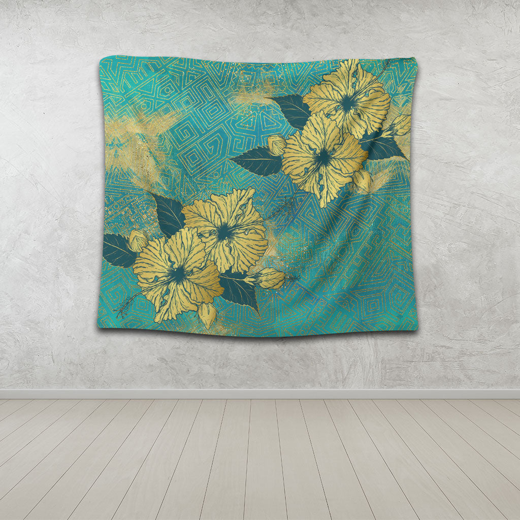 Hawaii Tapestry Golden Hibiscus Turquoise Color Tribal Pattern