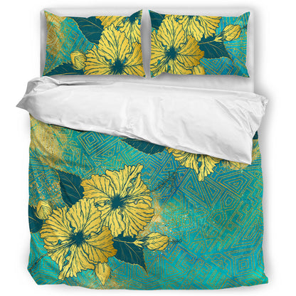 Hawaii Bedding Set Golden Hibiscus Turquoise Color Tribal Pattern