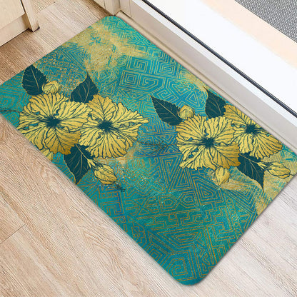 Hawaii Door Mat Golden Hibiscus Turquoise Color Tribal Pattern