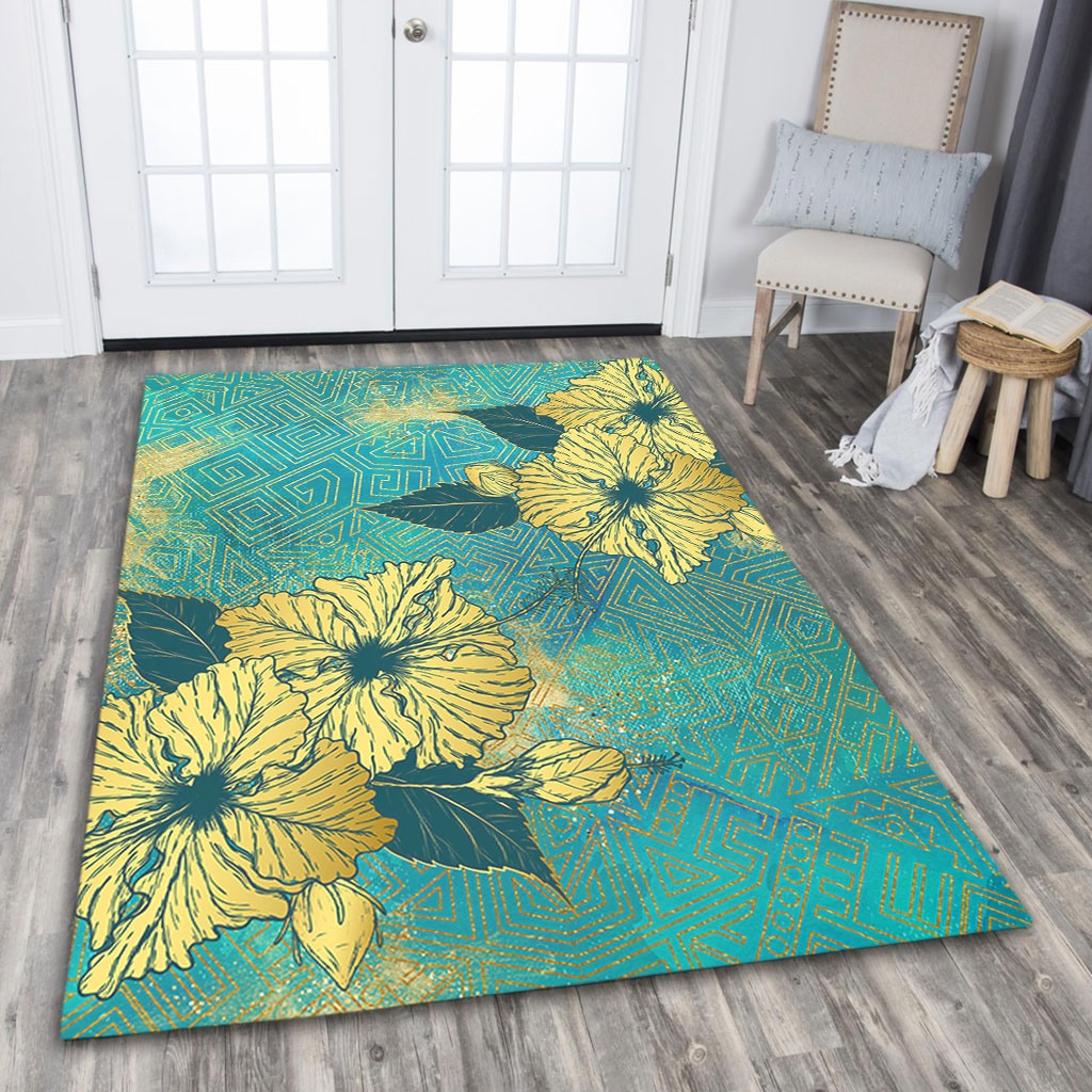Hawaii Area Rug Golden Hibiscus Turquoise Color Tribal Pattern
