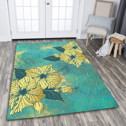 Hawaii Area Rug Golden Hibiscus Turquoise Color Tribal Pattern