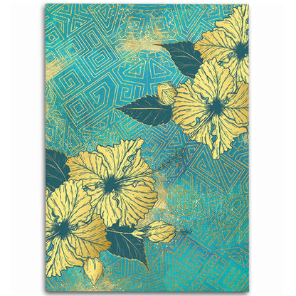 Hawaii Area Rug Golden Hibiscus Turquoise Color Tribal Pattern