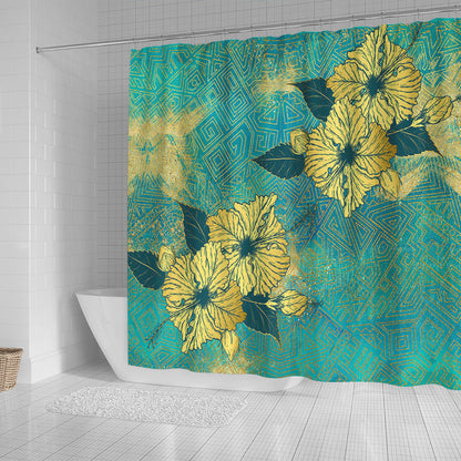 Hawaii Shower Curtain Golden Hibiscus Turquoise Color Tribal Pattern