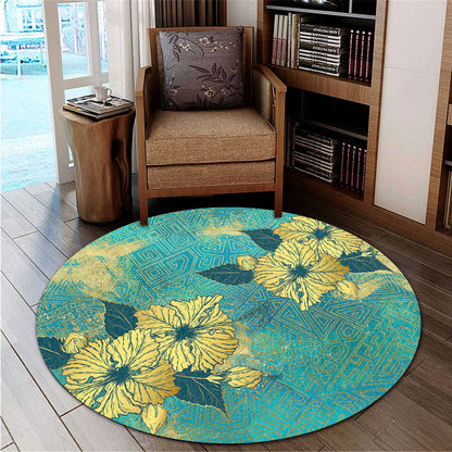 Hawaii Round Rug Golden Hibiscus Turquoise Color Tribal Pattern