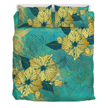 Hawaii Bedding Set Golden Hibiscus Turquoise Color Tribal Pattern