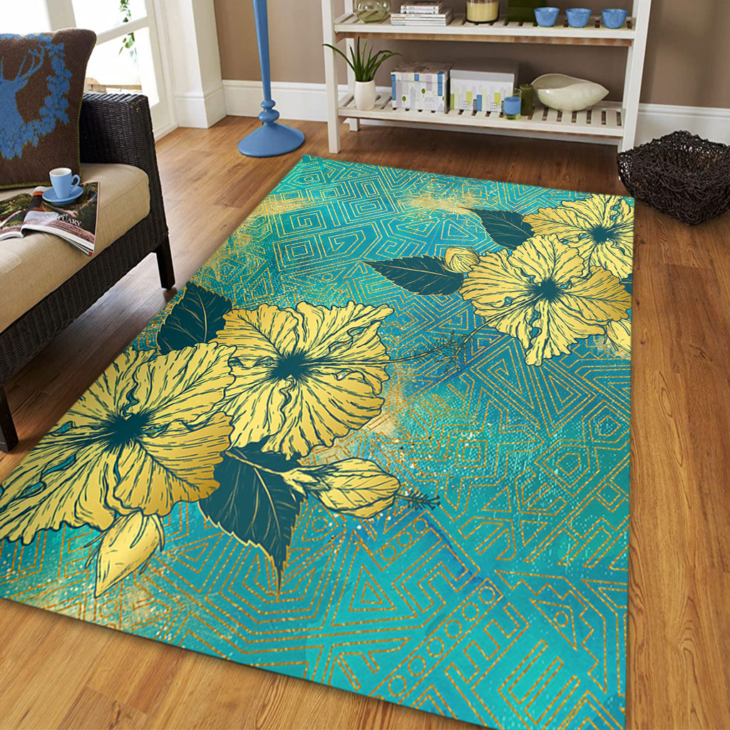 Hawaii Area Rug Golden Hibiscus Turquoise Color Tribal Pattern