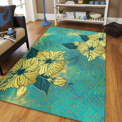 Hawaii Area Rug Golden Hibiscus Turquoise Color Tribal Pattern