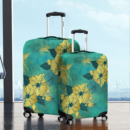 Hawaii Luggage Cover Golden Hibiscus Turquoise Color Tribal Pattern