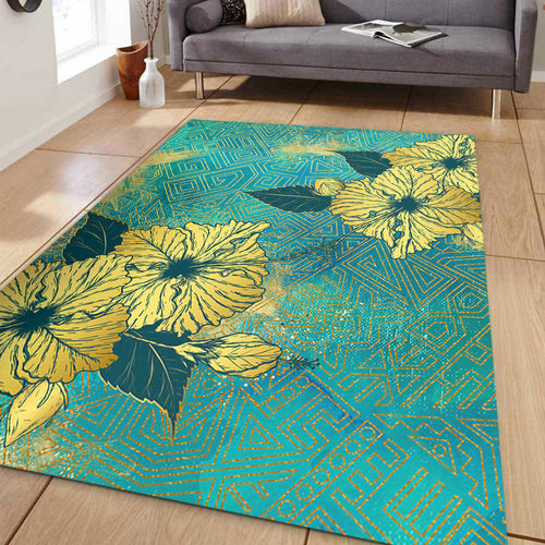 Hawaii Area Rug Golden Hibiscus Turquoise Color Tribal Pattern