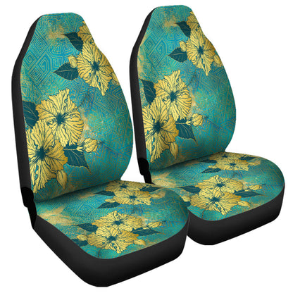 Hawaii Car Seat Covers Golden Hibiscus Turquoise Color Tribal Pattern