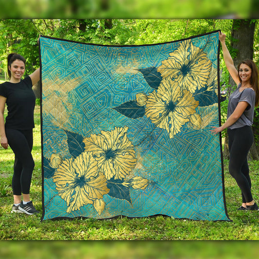 Hawaii Premium Quilt Golden Hibiscus Turquoise Color Tribal Pattern