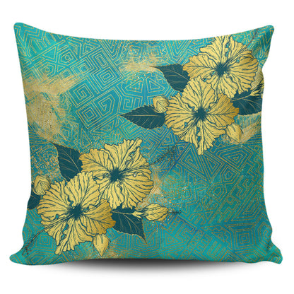 Hawaii Pillow Cover Golden Hibiscus Turquoise Color Tribal Pattern
