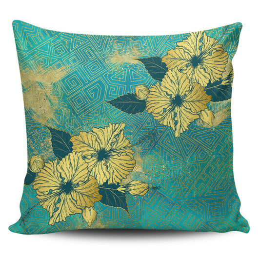 Hawaii Pillow Cover Golden Hibiscus Turquoise Color Tribal Pattern