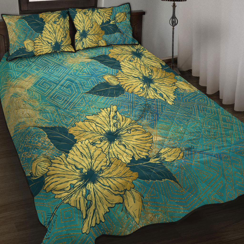 Hawaii Quilt Bed Set Golden Hibiscus Turquoise Color Tribal Pattern
