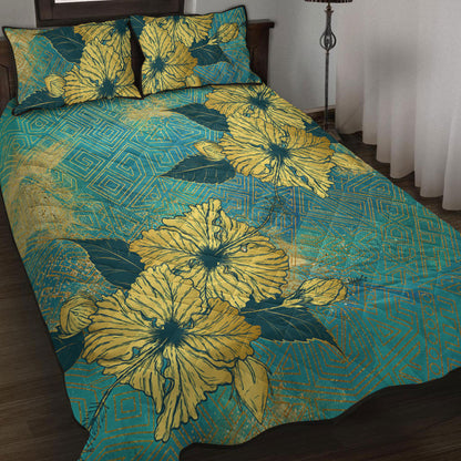 Hawaii Quilt Bed Set Golden Hibiscus Turquoise Color Tribal Pattern
