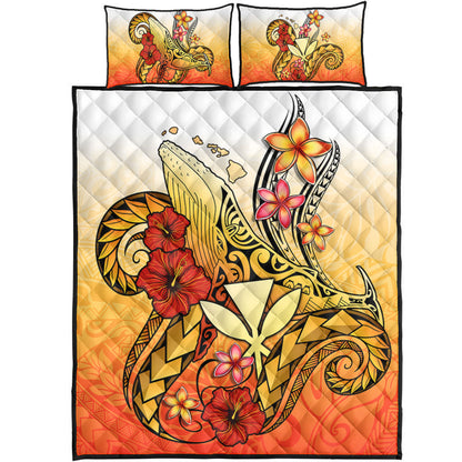 Hawaii Quilt Bed Set Humpback Whale with Hibiscus Plumeria