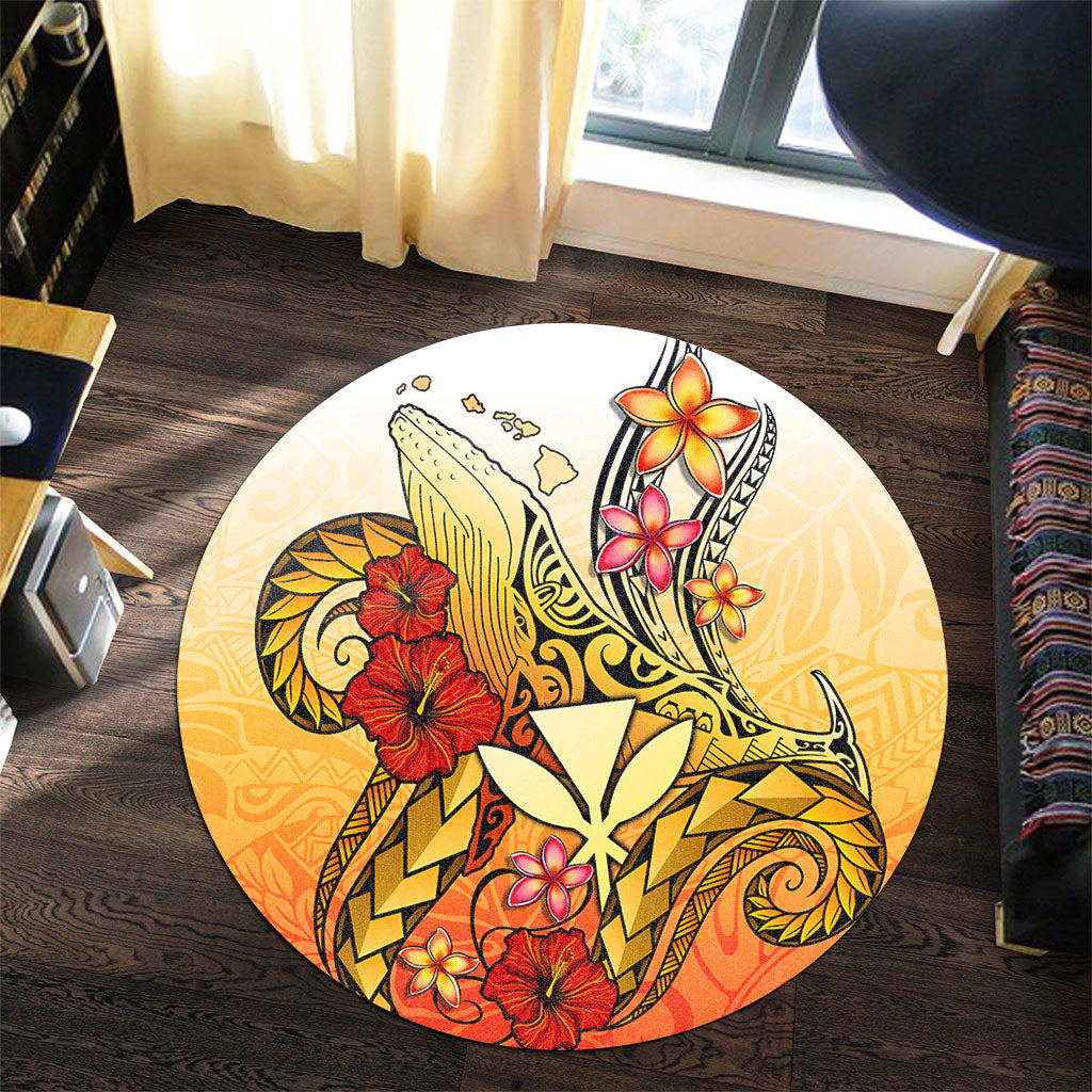 Hawaii Round Rug Humpback Whale with Hibiscus Plumeria