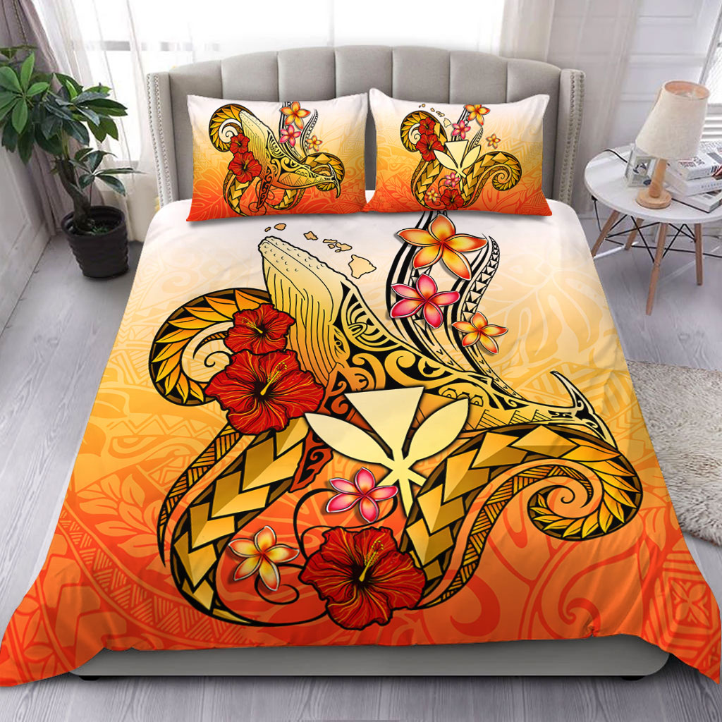 Hawaii Bedding Set Humpback Whale with Hibiscus Plumeria