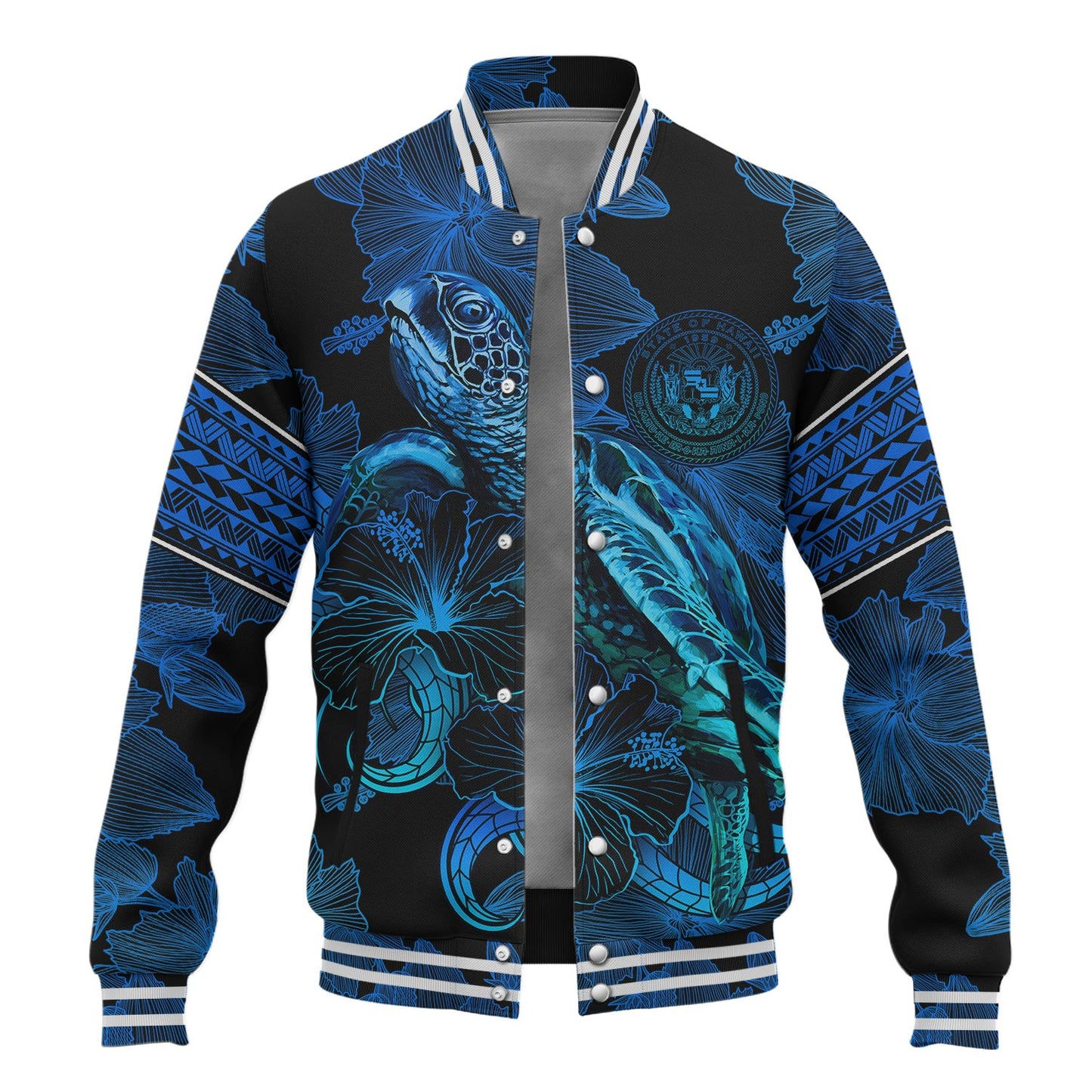 Hawaii Baseball Jacket Sea Turtle With Blooming Hibiscus Flowers Tribal Blue