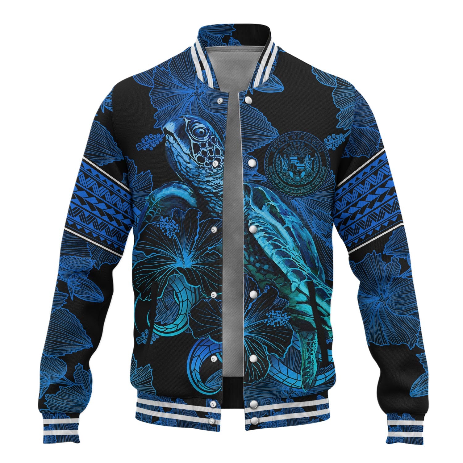 Hawaii Baseball Jacket Sea Turtle With Blooming Hibiscus Flowers Tribal Blue