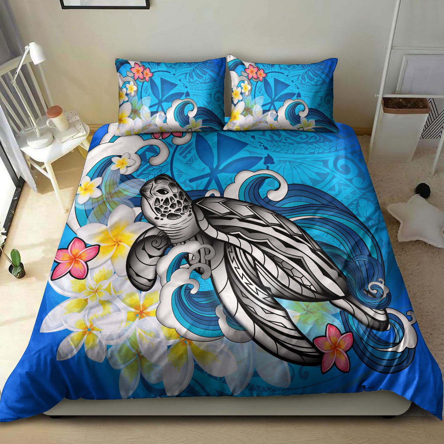 Hawaii Bedding Set Turtle With Plumeria Flowers