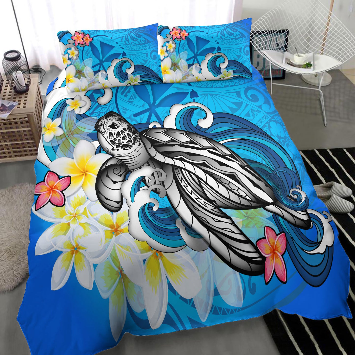 Hawaii Bedding Set Turtle With Plumeria Flowers