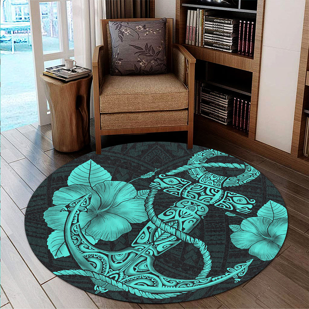 Hawaii Round Rug Anchor Poly Tribal Turquoise