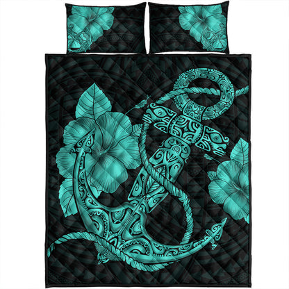 Hawaii Quilt Bed Set Anchor Poly Tribal Turquoise