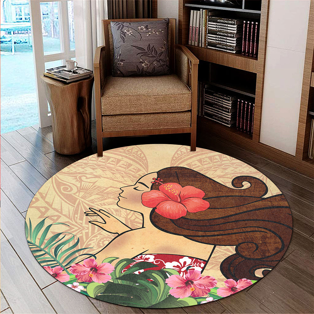 Hawaii Round Rug Beautiful Hula Girl Hibiscus Tropical
