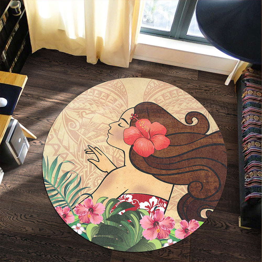 Hawaii Round Rug Beautiful Hula Girl Hibiscus Tropical