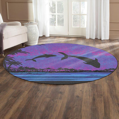 Hawaii Round Rug Dolphin Dance In Night
