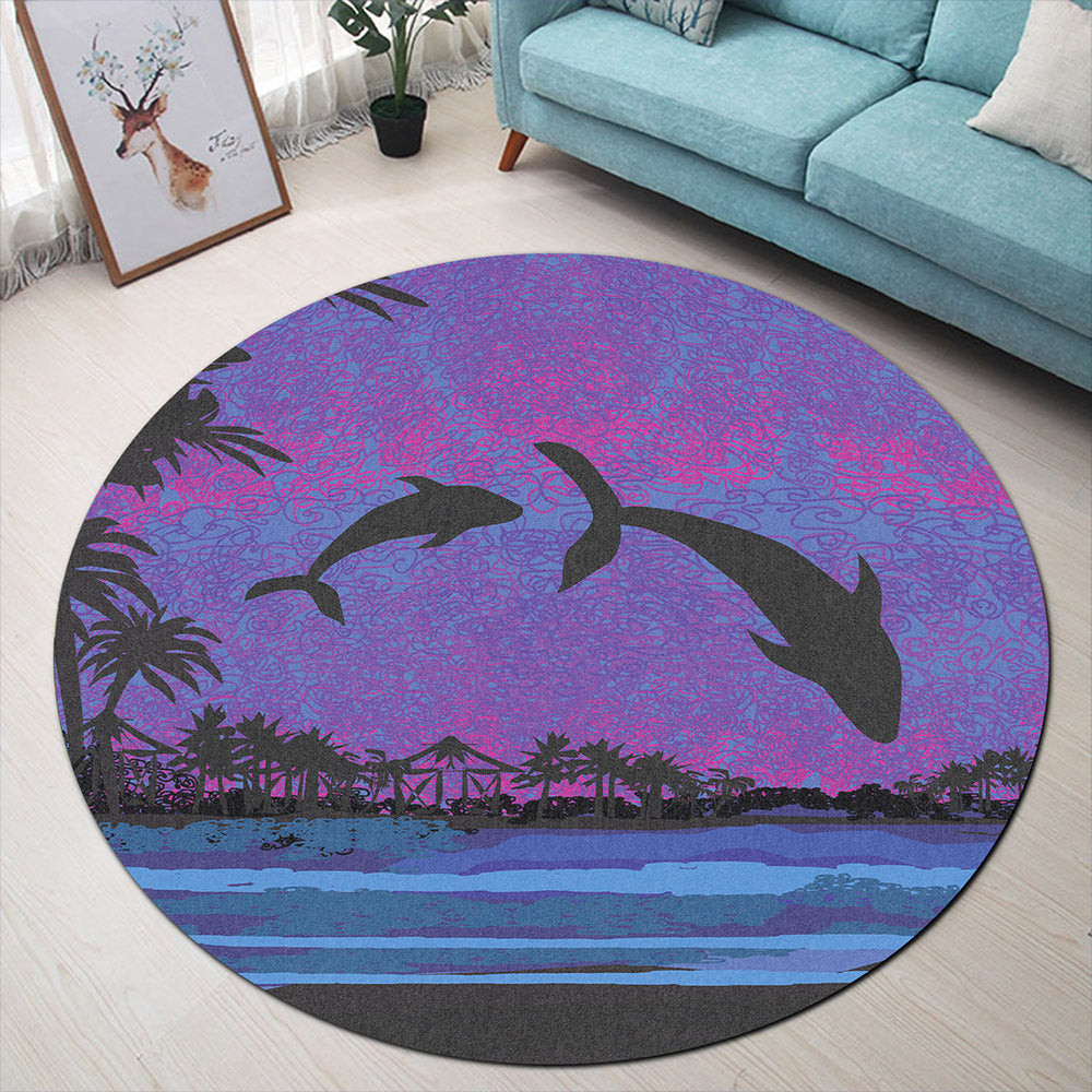 Hawaii Round Rug Dolphin Dance In Night
