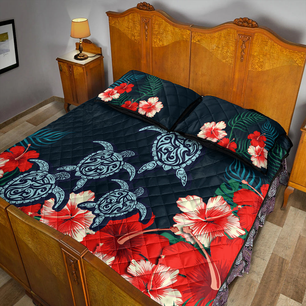 Hawaii Quilt Bed Set Four Turtle Hibiscus Tropical
