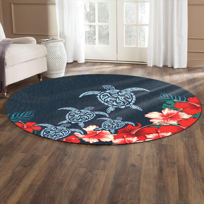 Hawaii Round Rug Four Turtle Hibiscus Tropical
