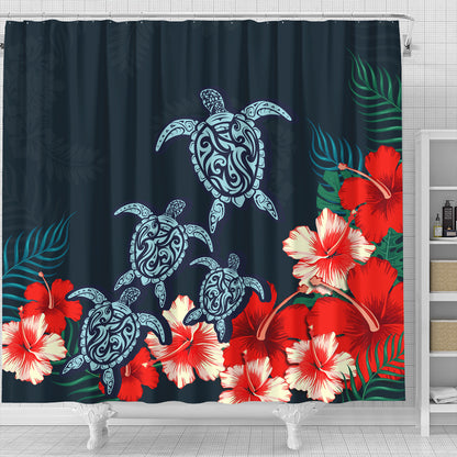 Hawaii Shower Curtain Four Turtle Hibiscus Tropical