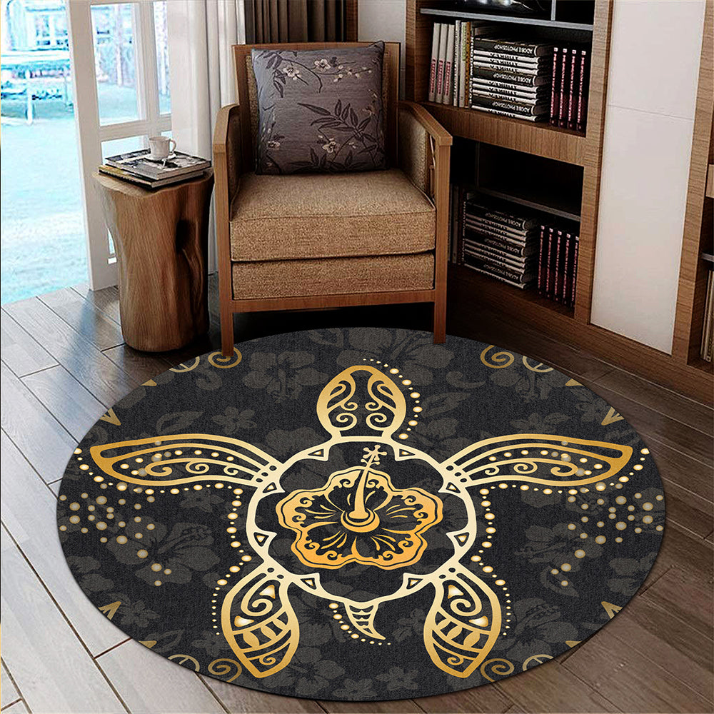 Hawaii Round Rug Golden Hibiscus And Turtle