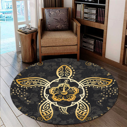 Hawaii Round Rug Golden Hibiscus And Turtle