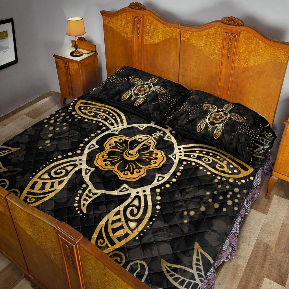 Hawaii Quilt Bed Set Golden Hibiscus And Turtle