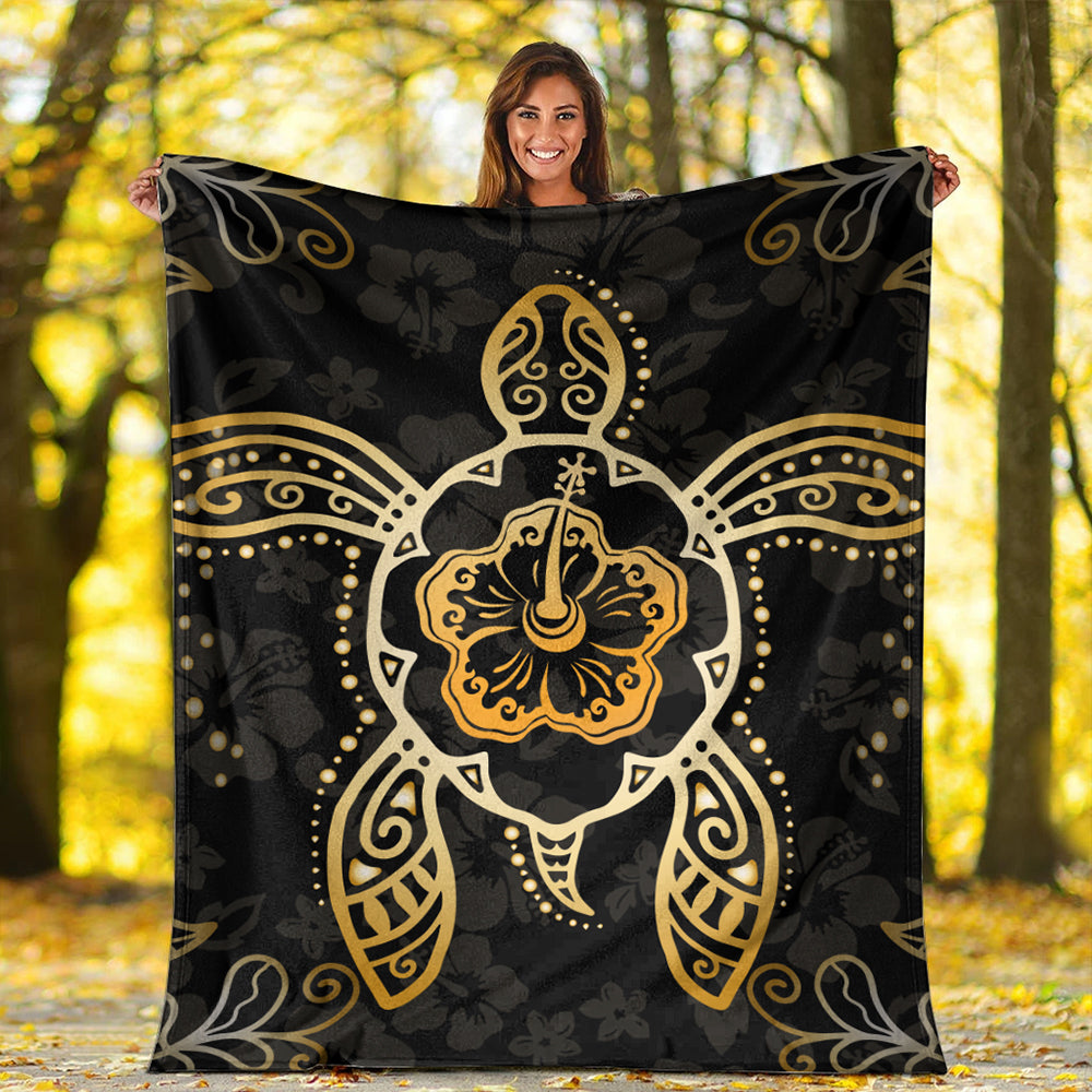 Hawaii Premium Blanket Golden Hibiscus And Turtle