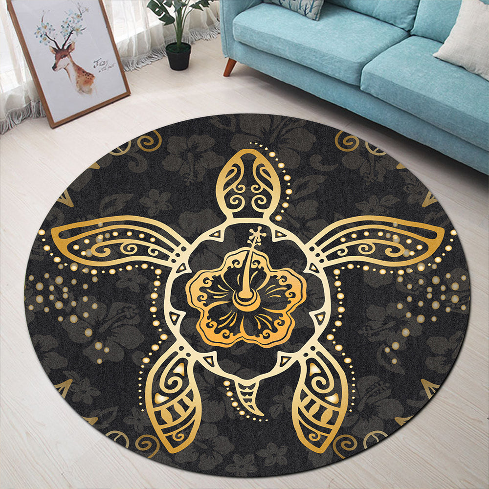 Hawaii Round Rug Golden Hibiscus And Turtle