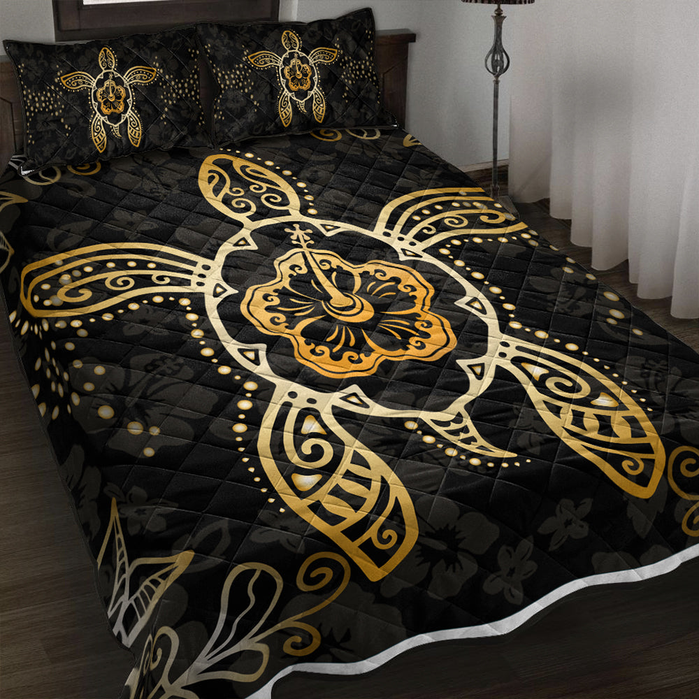 Hawaii Quilt Bed Set Golden Hibiscus And Turtle