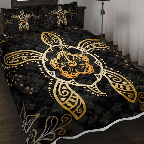 Hawaii Quilt Bed Set Golden Hibiscus And Turtle