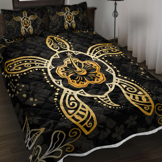 Hawaii Quilt Bed Set Golden Hibiscus And Turtle