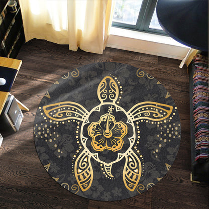 Hawaii Round Rug Golden Hibiscus And Turtle