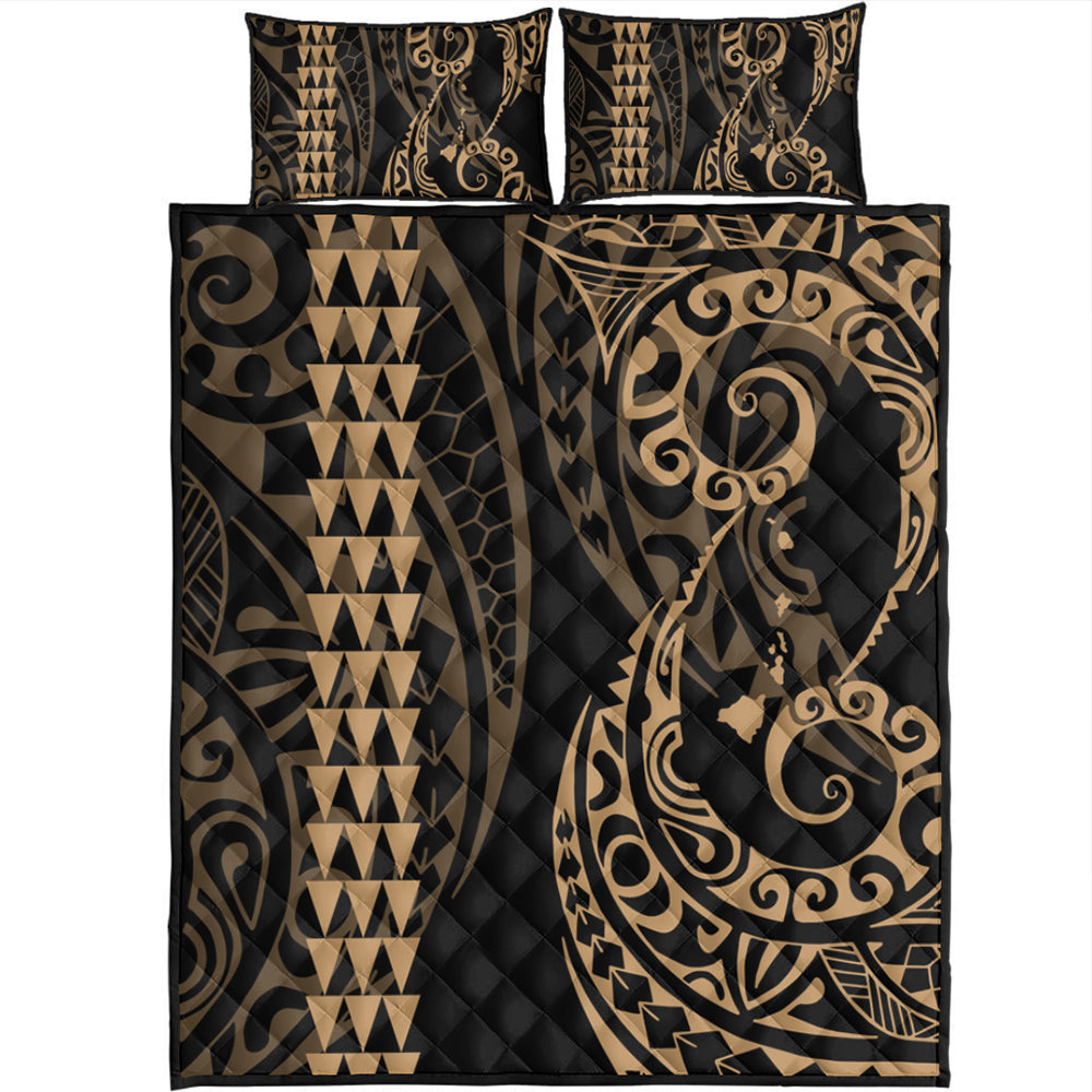 Hawaii Quilt Bed Set Hawaiian Map Kakau Style Gold