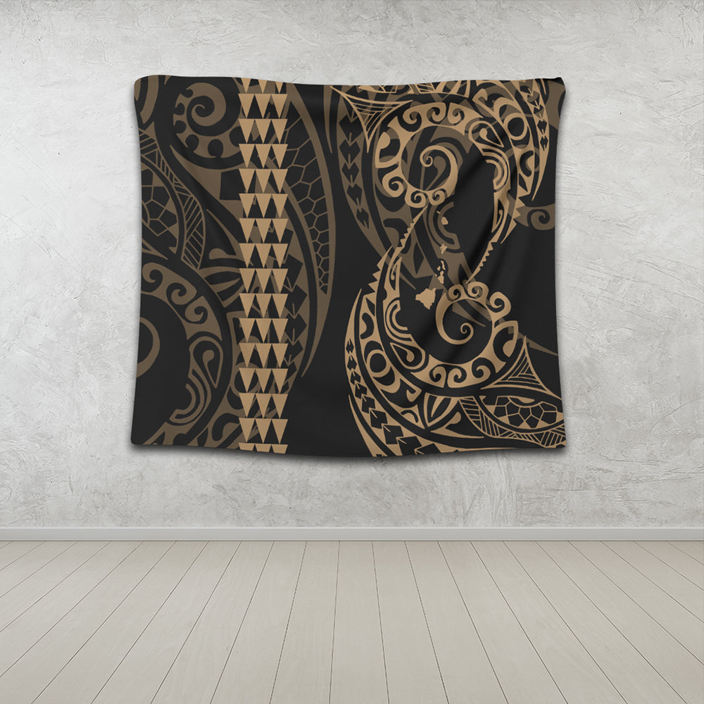 Hawaii Tapestry Hawaiian Map Kakau Style Gold